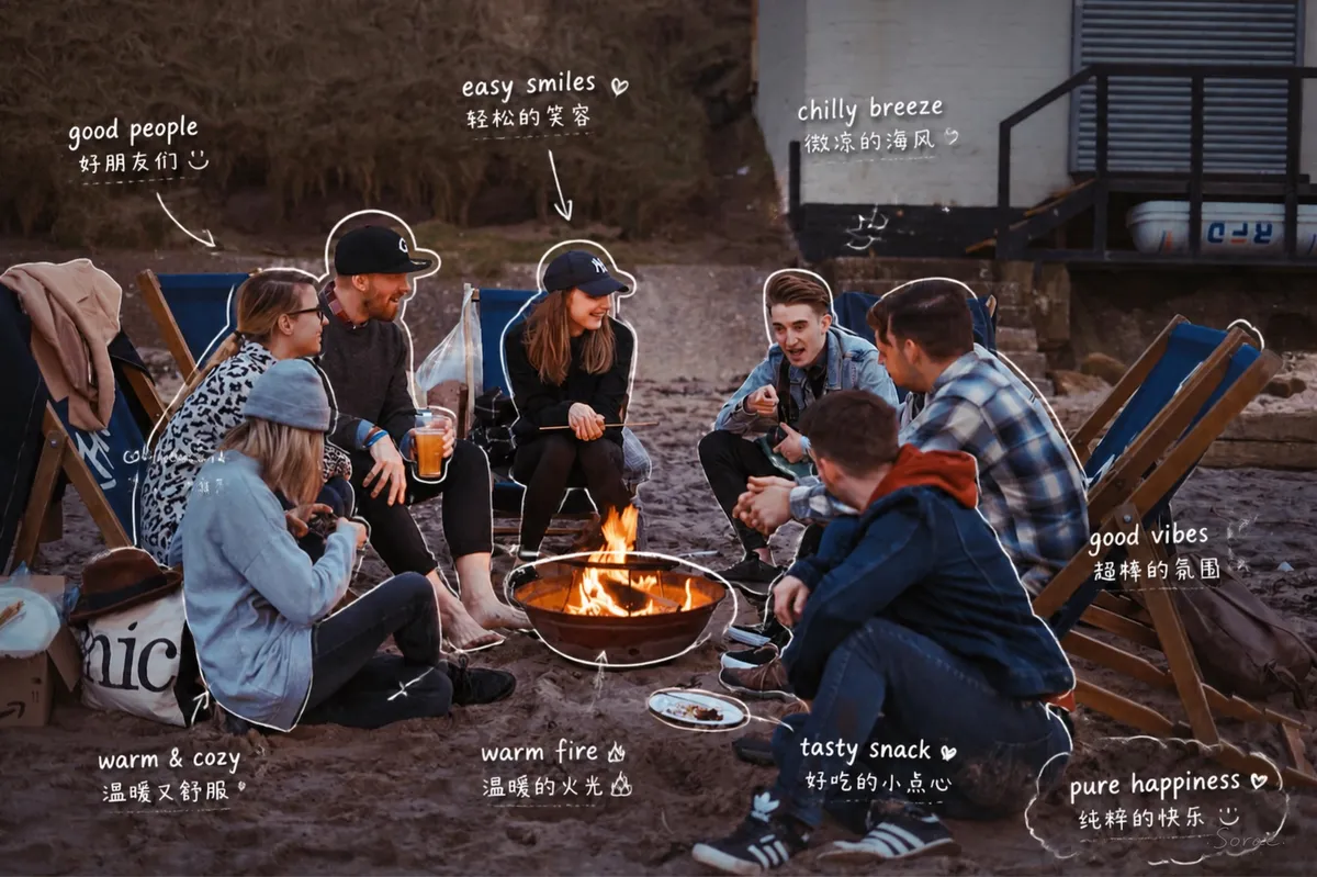 Friends around a fire pit on a beach at dusk, each outlined in white, with bilingual English and Chinese notes such as “good people”, “warm fire” and “pure happiness”