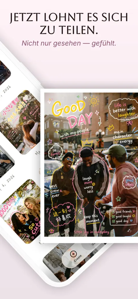 Sorae-Galerie mit einem „Good Day“-Doodle von Freunden auf einer Stadtstraße vor weiteren gespeicherten Kreationen