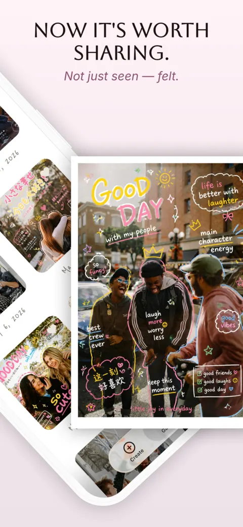 Sorae Gallery with a “Good Day” doodle of friends on a city street in front of other saved creations