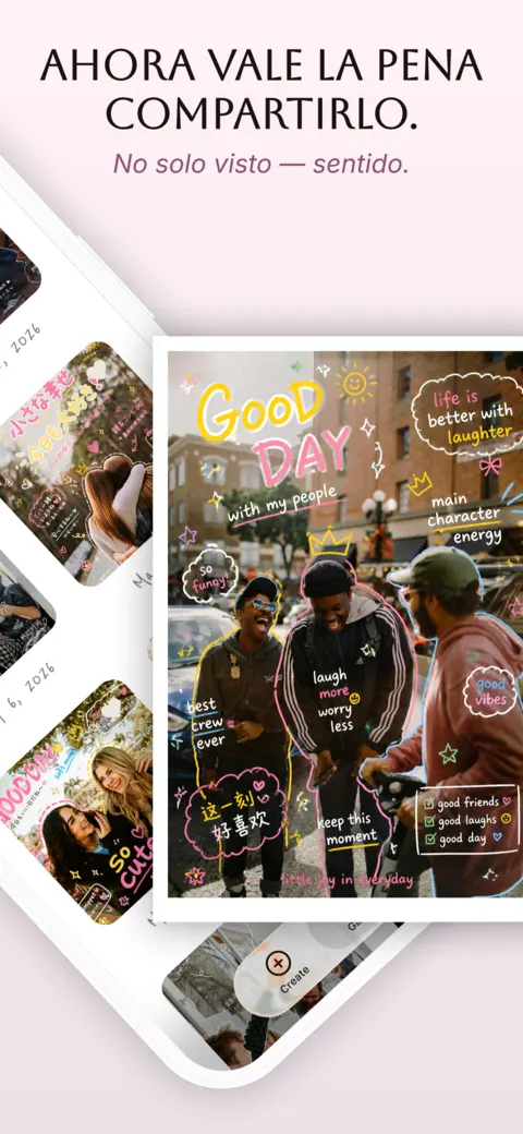 Galería de Sorae con un garabato “Good Day” de amigos en una calle de ciudad, delante de otras creaciones guardadas