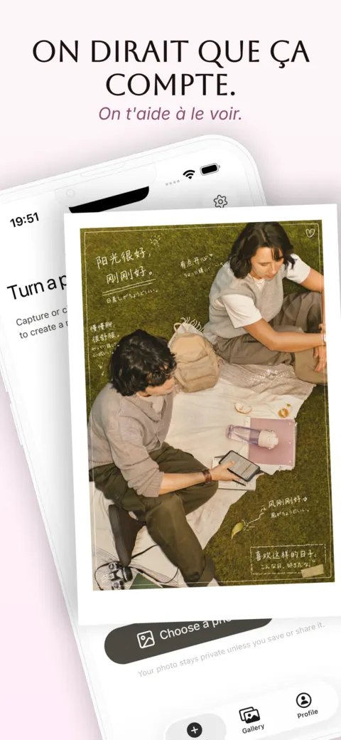 Écran Créer de Sorae avec une photo annotée de deux personnes sur une couverture de pique-nique et un bouton « Choose a photo »