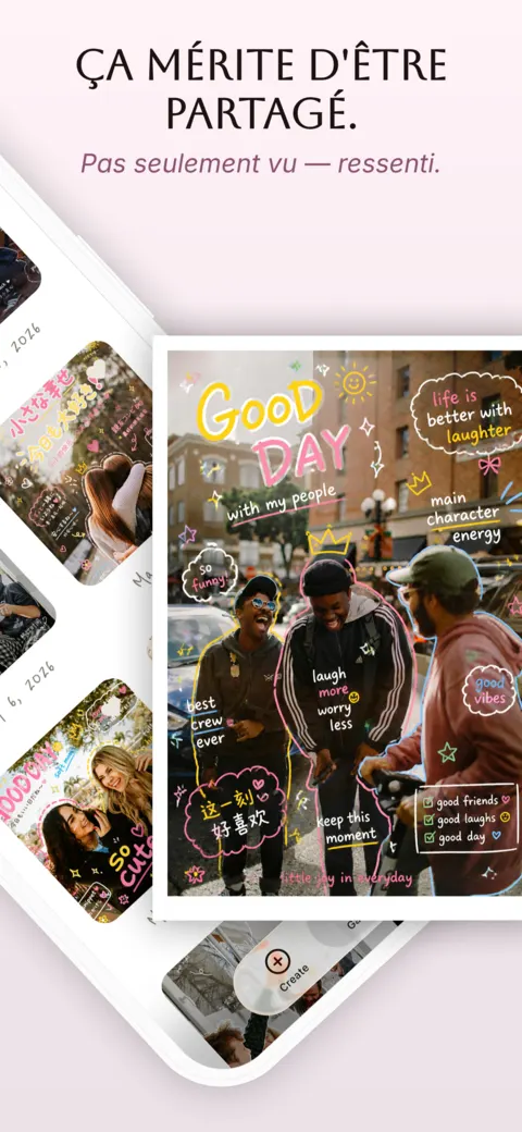 Galerie Sorae avec un doodle « Good Day » d’amis dans une rue de ville, devant d’autres créations enregistrées