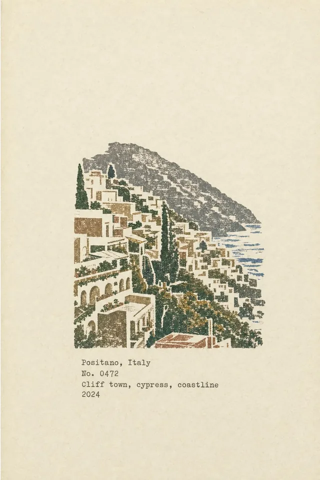 A cliffside town printed as a green rubber-stamp illustration on aged paper, typed “Positano, Italy, No. 0472, cliff town, cypress, coastline, 2024”