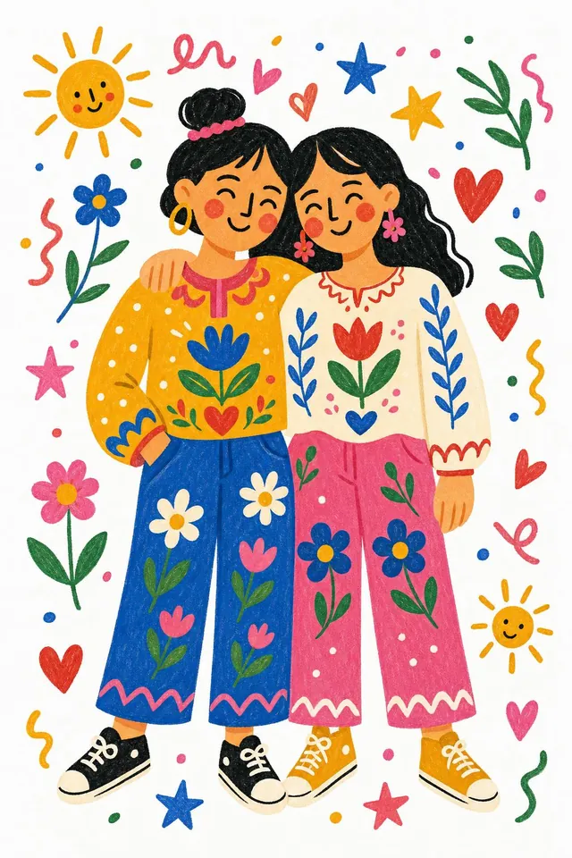 Two friends redrawn as a flat folk-art illustration in blue, pink and yellow, with flowers, suns and hearts on white paper