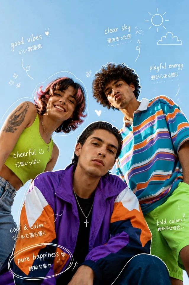 Three friends photographed from below against a blue sky, outlined in thin white lines with handwritten English and Japanese notes such as “good vibes”, “clear sky” and “pure happiness”