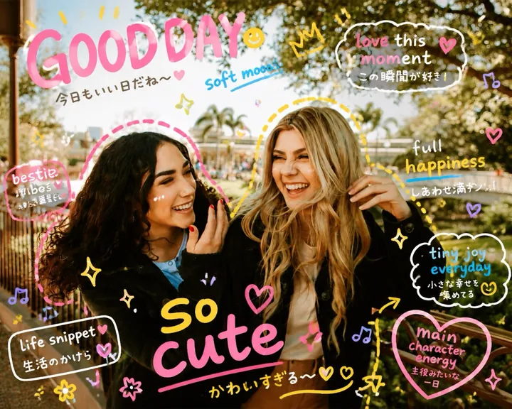 Two friends laughing outdoors, covered in bright pink and yellow doodles with the words “Good Day” and “So cute”, hearts and stars