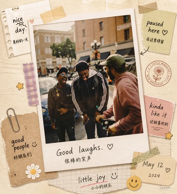 Three laughing friends in a polaroid frame on kraft paper, surrounded by washi tape, a flower stamp and notes like “nice day”, “good laughs” and “little joy”