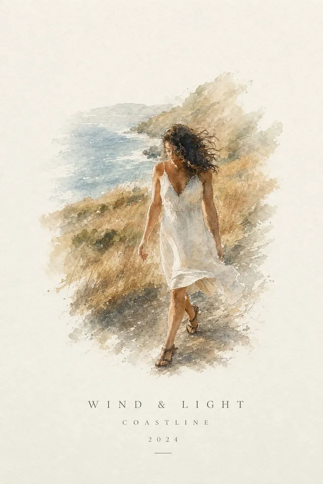 A woman in a white dress walking through coastal grass, painted as a soft watercolor on cream paper and titled “Wind & Light, Coastline, 2024”